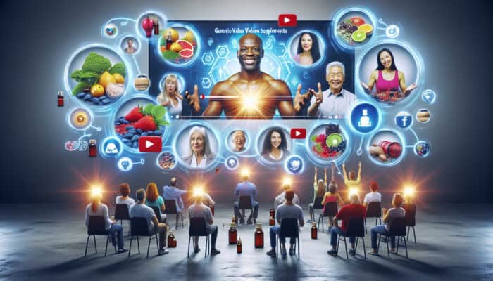 A vibrant ad for health supplements shows diverse people on screens sharing video testimonials, surrounded by glowing reviews and social media icons.