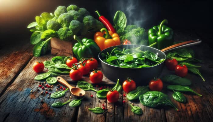 A vibrant still life of fresh leafy greens, ripe cherry tomatoes, and colourful bell peppers on a rustic wooden table with steaming sautéed spinach.