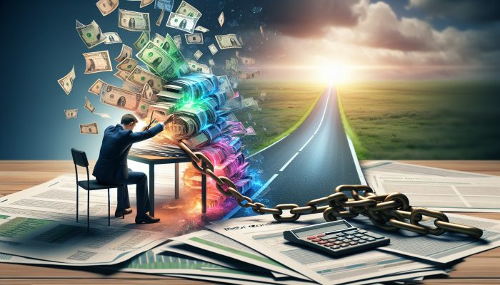 Debt Consolidation vs Debt Relief Orders: Pros and Cons | DCL A professional advisor guiding a stressed individual: colourful debt bills merging into one document, chains breaking, and a luminous path to financial freedom.