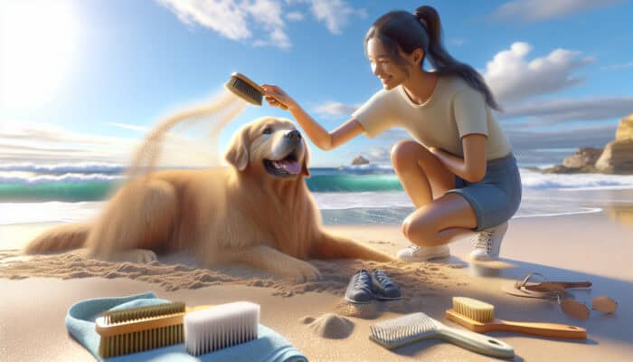 Grooming During Pet Sitting Periods: A pet sitter gently brushes a sandy golden retriever on a sunny beach, with waves and grooming tools nearby.