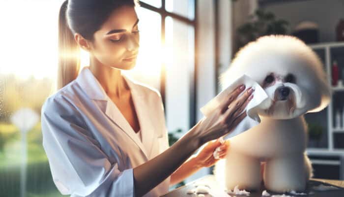 A professional groomer applies enzymatic cleaner to a fluffy white dog's eye stains with a soft cloth in a bright salon.