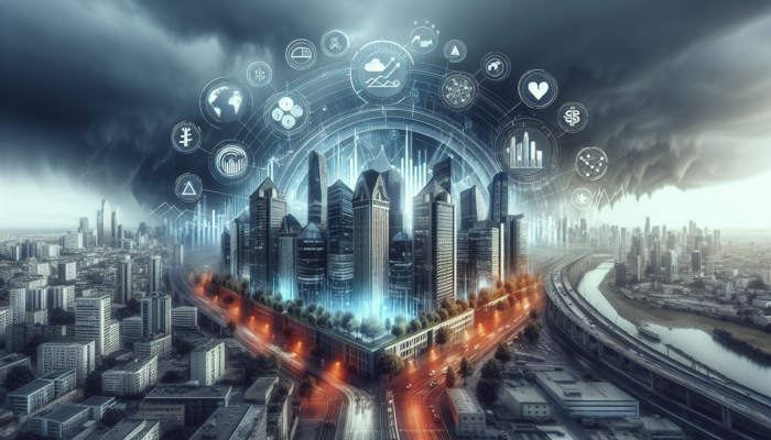 Cityscape with resilient mid-level houses amid storm clouds, flanked by stock and bond icons, illustrating a diversified investment portfolio.