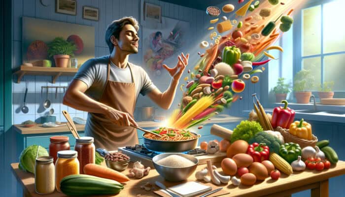 Top 5-Ingredient Recipes for Beginners: A novice cook in a vibrant kitchen arranges fresh rice, pasta, beans, and vegetables while stirring a colorful stir-fry.