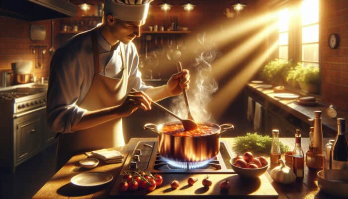 A focused chef stirs a rich, reddish sauce in a copper pot on low heat in a sunlit kitchen to avoid burning.