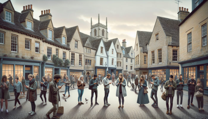 Mobile Website Design for Stow-on-the-Wold Small Businesses: Locals and tourists browsing a responsive retail site on smartphones, with quick loading and adaptable screens amid historic stone buildings.