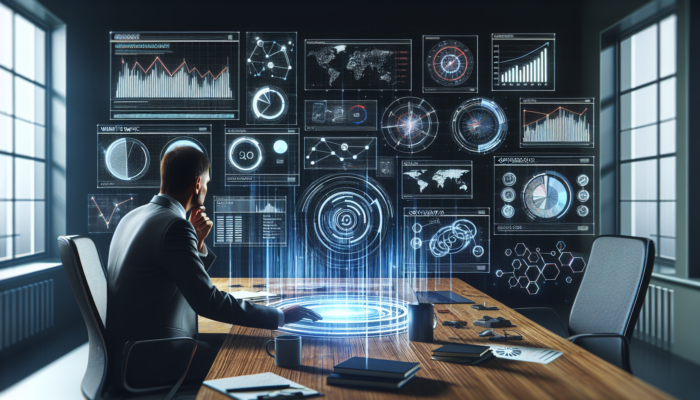 Entrepreneur in a modern London office analyzes rising SEO traffic graphs and high conversion charts on a digital dashboard with holographic displays.
