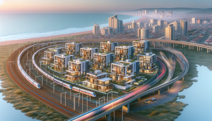 A vibrant Durban neighbourhood at dawn, with modern homes offering ocean views and expanding transport networks like highways and trains.