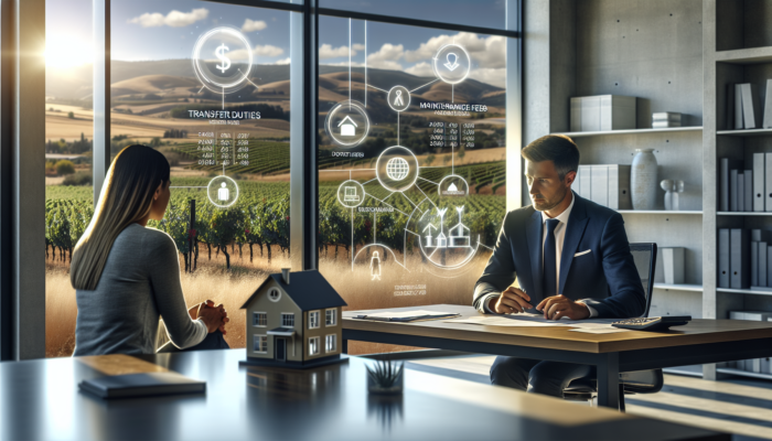 Financial advisor in sunlit Paarl office reviews budget with couple, highlighting transfer duties, maintenance fees, and property rates on screen, surrounded by vineyards and a model house.