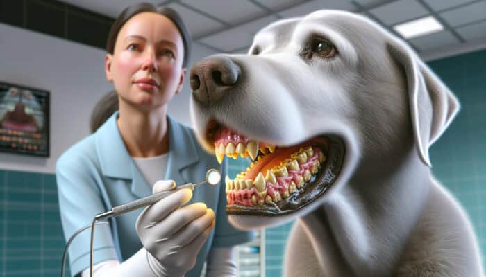 A senior Labrador with inflamed gums and tartar being examined by a vet in a sterile clinic, showing dental issues.