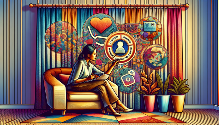 An illustration of a small business owner in an office, planning a social media strategy on a whiteboard with steps for content, audience, and analytics, surrounded by laptop icons of Instagram, Twitter, and Facebook.