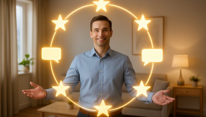 Smiling host welcoming guests in a modern home, encircled by glowing stars and positive reviews.