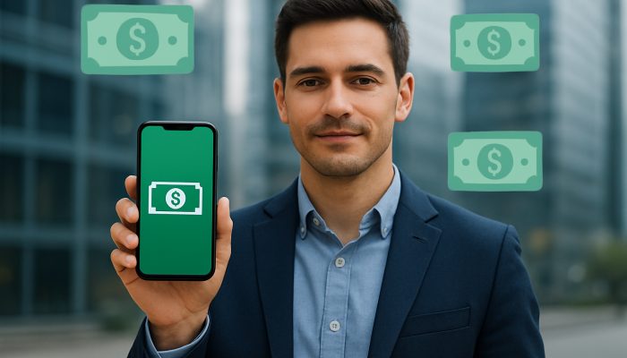 Confident person using smartphone with loan app, surrounded by digital cash icons, representing unsecured loans in an urban context.