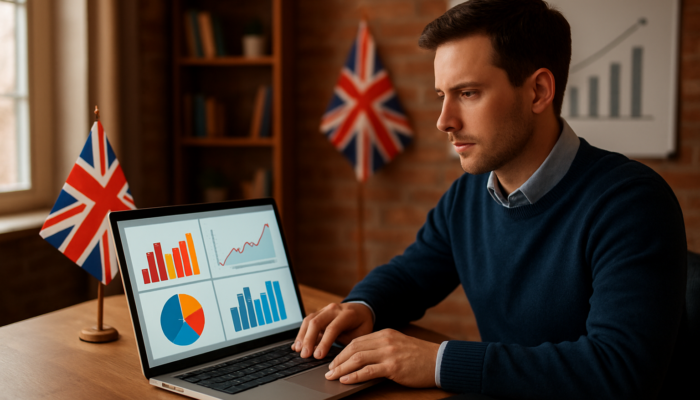 An entrepreneur analysing social media engagement graphs and growth in a Blandford office, with UK flags present.