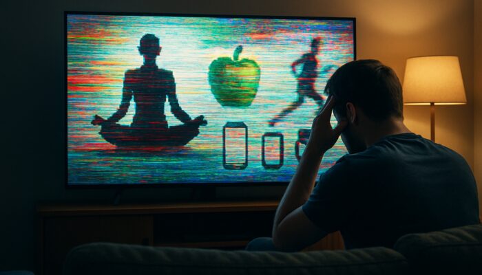 Frustrated viewer in a dim living room staring at a glitchy health ad on a smart TV with errors.