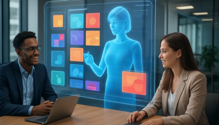 Holographic virtual assistant organising colourful pitch deck slides in a modern collaborative workspace.