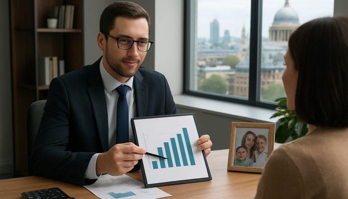 Combining Debts While Supporting Relatives: Key Tips | DCL Financial advisor in modern London office reviewing debt charts and family photos with client.