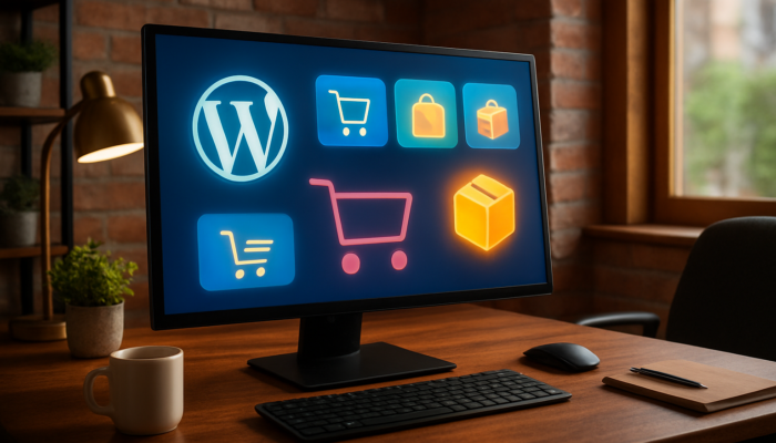 Dynamic WordPress dashboard in Bridport office, highlighting WooCommerce e-commerce icons and shopping carts.