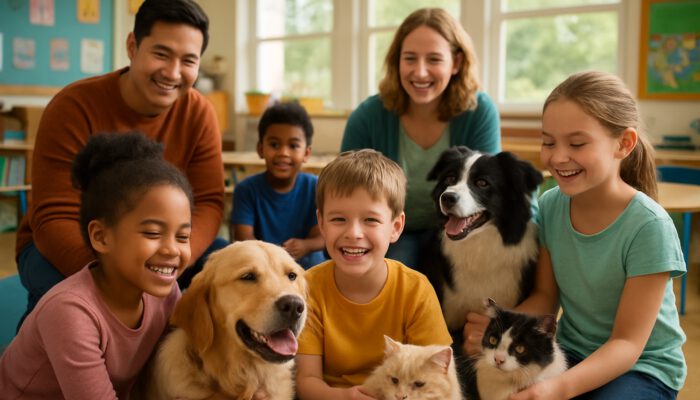 Students and teachers interacting with therapy dogs and cats in a joyful classroom for emotional support.