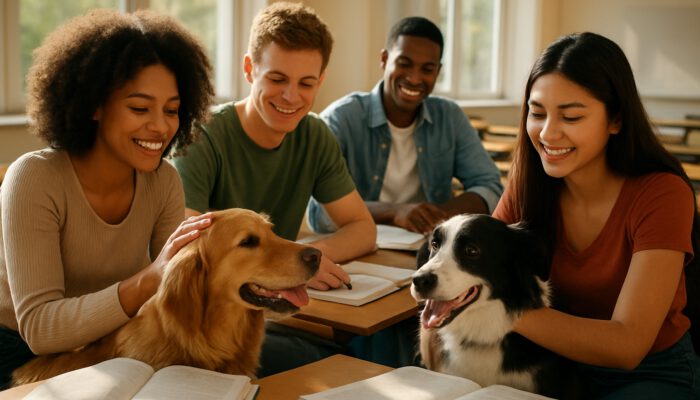 A group of diverse students smiling while petting therapy dogs and studying in a bright classroom.