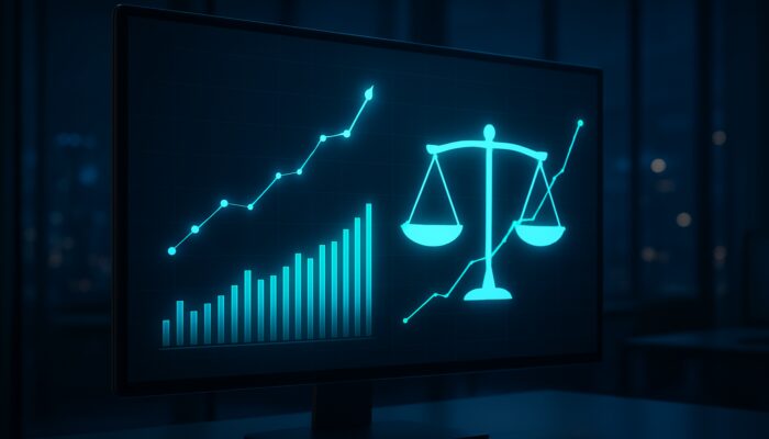 Sleek financial dashboard displaying the Calmar Ratio, upward-trending stocks, and a balance of risk and return in a contemporary office.