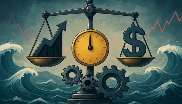 Financial scale balancing the Calmar Ratio amidst stock market fluctuations and gears adjusting for volatility and risk.