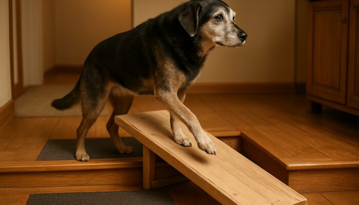 Senior dog with gray muzzle confidently climbing wooden ramp over steps in a cozy home with non-slip mats