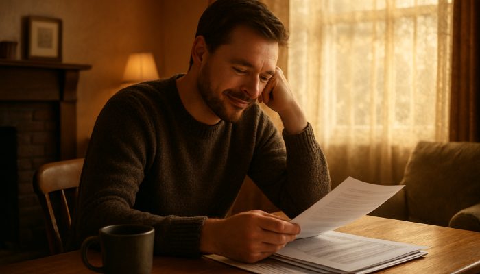 Individual reviewing consolidated debt documents in a comfortable British living room, demonstrating relief and clarity.