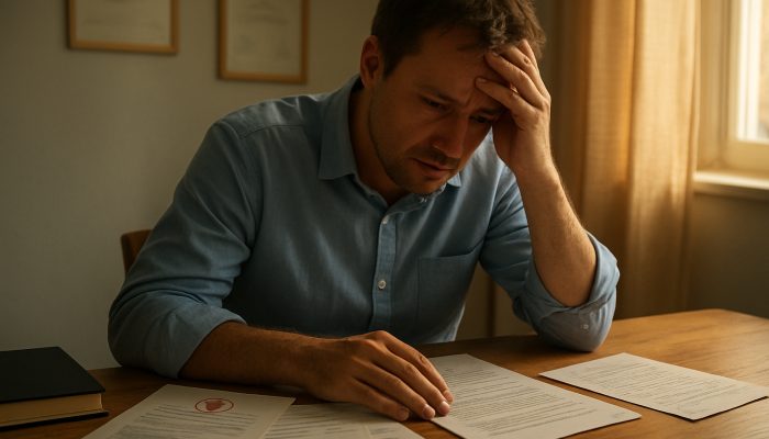 Worried person at sunlit desk with medical certificates, bills, and letter requesting creditor relief