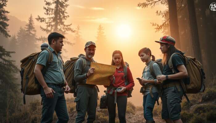 Diverse first-time explorers at misty forest edge, consulting a map and compass, wearing backpacks and safety gear under golden dawn.