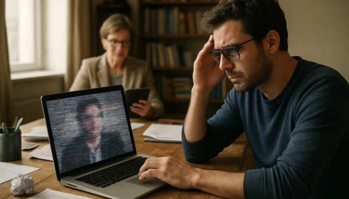 Remote writer struggles with a glitchy video call in a cluttered office, as a supervisor reviews documents on a tablet.