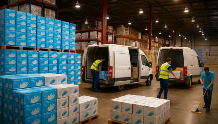 Warehouse in Hucknall filled with bulk boxes of vinyl gloves as delivery vans load supplies under bright lights.
