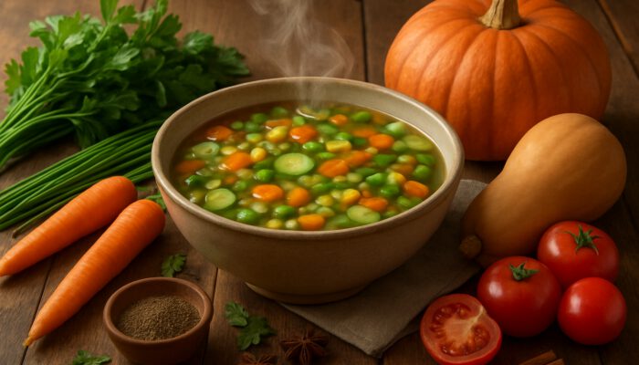 A steaming bowl of colourful homemade soup featuring fresh seasonal ingredients on a rustic table.