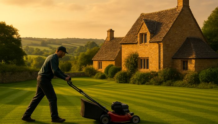 Gardener mowing pristine lawns next to stone cottages in the Haselbury Plucknett countryside