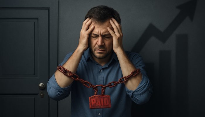 Stressed borrower feeling constrained by missed payments, facing closed doors for mortgages and loans with rising insurance costs