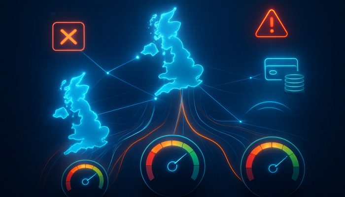 Futuristic digital network connecting UK credit agencies Experian, Equifax, TransUnion with score metrics and payment alerts