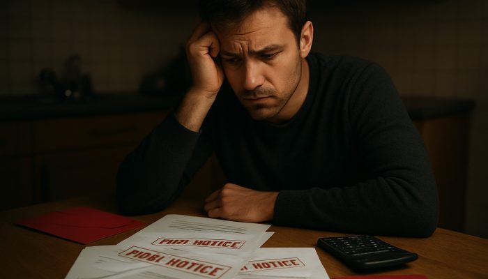 Signs Support Is Harming Your Finances: Identify The Risks | DCL Concerned individual at a dimly lit table with overdue gas, electricity, and water bills marked final notice