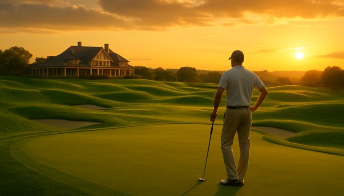 Luxurious golf resort featuring emerald fairways, elegant clubhouse, and a golfer at sunset