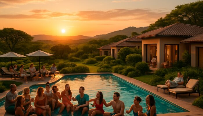 Vibrant Gauteng resort at sunset with groups enjoying laughter by the pool and private villa parties.
