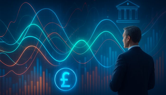 Futuristic cash flow graphs guiding UK business leader on seasonal loan decisions under regulatory oversight