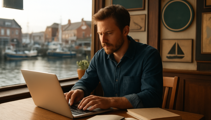 Writer typing expert blog content for Gloucester small businesses in a sunlit harbour cafe
