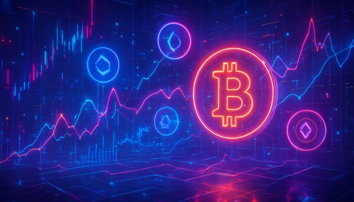 Neon cyberpunk trading floor showcasing floating Bitcoin, altcoins, and luminous statistical arbitrage graphs in holographic streams.