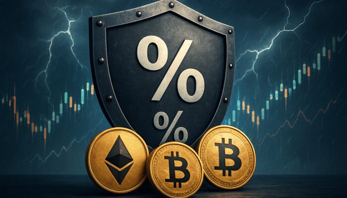 Shield displaying risk percentages protecting cryptocurrency coins amidst turbulent market charts for position sizing