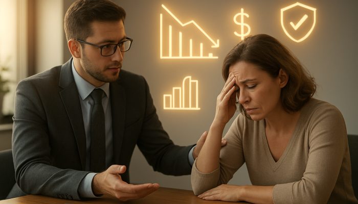 Financial advisor consulting with a client about debt consolidation in a modern office