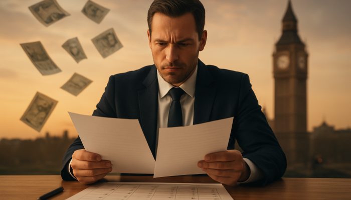 UK professional reviewing merged debt plan at desk with calendar, pound notes, and Big Ben silhouette
