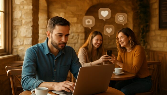 Café owner in Cirencester evaluates Instagram posts on a laptop while surrounded by happy customers in warm light
