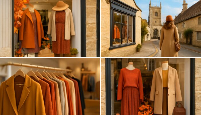Cirencester boutique presenting seasonal fashion displays against the backdrop of Cotswold landmarks and Instagram overlays