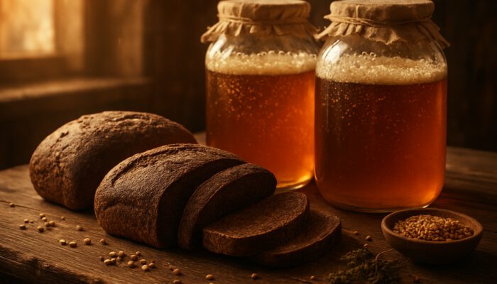 Rustic table adorned with loaves of rye bread and jars of bubbling homemade kvass in warm light.