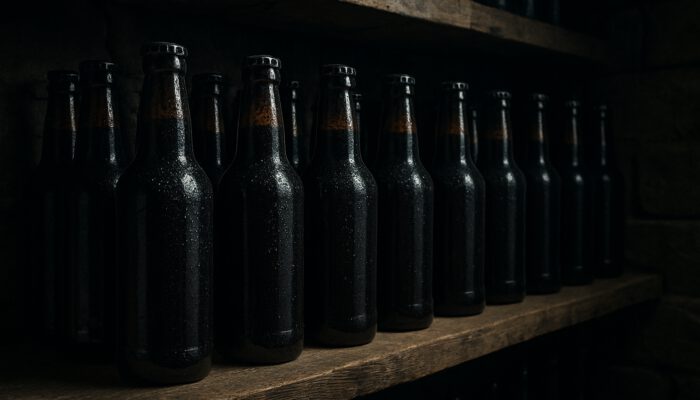 Dark glass bottles of kvass with condensation on wooden cellar shelves, shielded from sunlight.