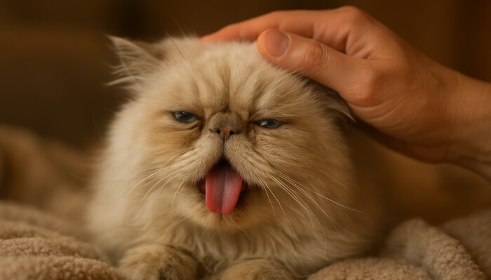 Persian cat panting with laboured breaths, comforted by hand on cozy blanket