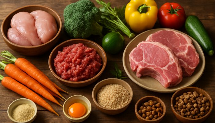 Rustic table adorned with fresh organic meats and vibrant vegetables for well-rounded raw pet meals